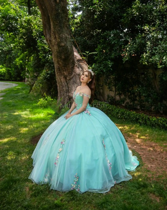 Off Shoulder Aqua Quince Dresses Lace Appliques Sweetheart Neck 15 Dress With 3D Flowers