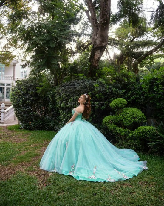 Off Shoulder Aqua Quince Dresses Lace Appliques Sweetheart Neck 15 Dress With 3D Flowers