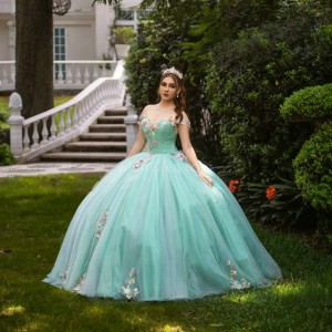 Off Shoulder Aqua Quince Dresses Lace Appliques Sweetheart Neck 15 Dress With 3D Flowers