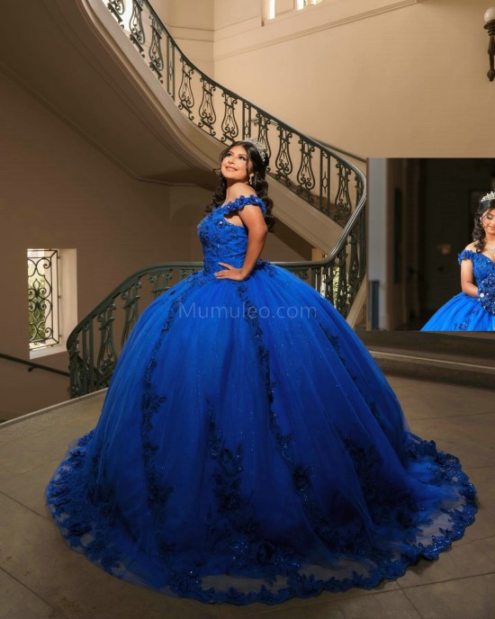 Off Shoulder Blue Quinceanera Dresses V Neck 15 Dress With 3D Flower