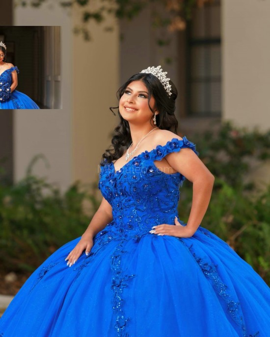 Off Shoulder Blue Quinceanera Dresses V Neck 15 Dress With 3D Flower