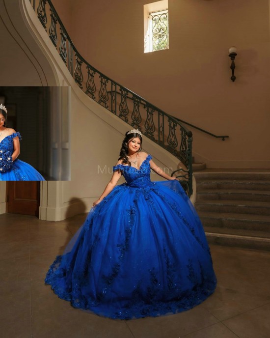 Off Shoulder Blue Quinceanera Dresses V Neck 15 Dress With 3D Flower