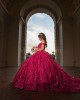 Off Shoulder Burgundy Quinceanera Dresses Metallic Sequins Sweetheart Neck 15 Dress