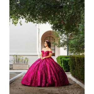 Off Shoulder Burgundy Quinceanera Dresses Metallic Sequins Sweetheart Neck 15 Dress