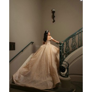 Off Shoulder Champagne Quinceanera Dresses Metallic Sequins Sweetheart Neck 15 Dress