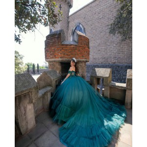 Off Shoulder Emerald Green Quince Dresses Lace Appliques Sweetheart Neck 15 Dress