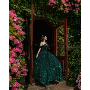 Off Shoulder Emerald Green Quince Dresses Metallic Sequin V Neck 15 Dress