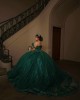 Off Shoulder Emerald Green Quinceanera Dresses V Neck Lace Appliques 15 Dress