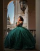 Off Shoulder Emerald Green Quinceanera Dresses V Neck Lace Appliques 15 Dress