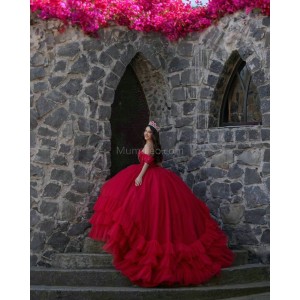 Off Shoulder Layered Red Quince Dresses Sweetheart Neck 15 Dress