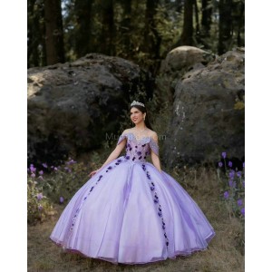 Off Shoulder Lilac Quince Dresses Beading Sweetheart Neck 15 Dress With 3D Flowers