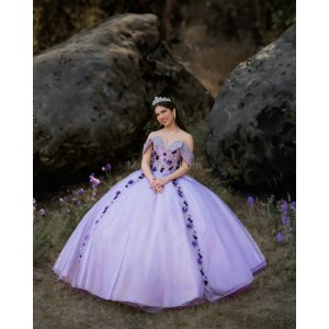 Off Shoulder Lilac Quince Dresses Beading Sweetheart Neck 15 Dress With 3D Flowers