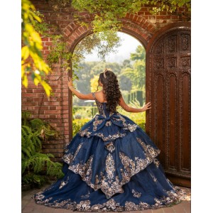 Off Shoulder Navy Blue Quinceanera Dresses Lace Appliques V Neck 15 Dress With Bow