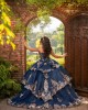 Off Shoulder Navy Blue Quinceanera Dresses Lace Appliques V Neck 15 Dress With Bow