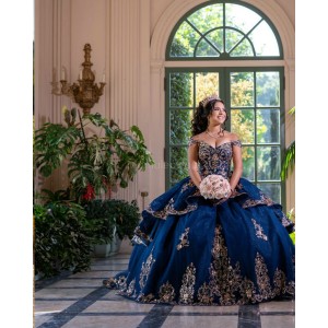 Off Shoulder Navy Blue Quinceanera Dresses Lace Appliques V Neck 15 Dress With Bow