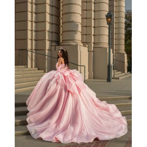 Off Shoulder Pink Quinceanera Dresses Metallic Sequin Sweetheart Neck 15 Dress With Bow