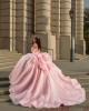 Off Shoulder Pink Quinceanera Dresses Metallic Sequin Sweetheart Neck 15 Dress With Bow