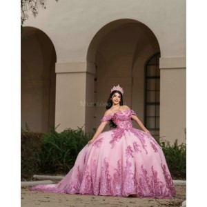 Off Shoulder Pink Quinceanera Dresses Pearl Sweetheart Neck Lace Appliques 15 Dress