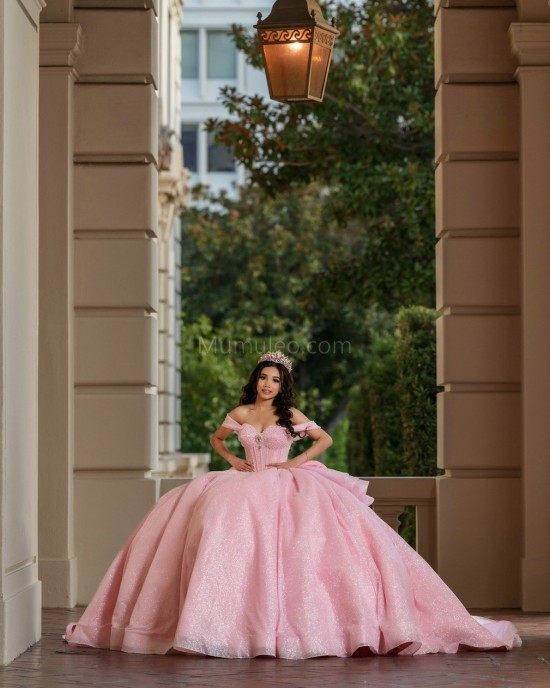 Off Shoulder Pink Quinceanera Dresses Sequin Sweetheart Neck 15 Dress