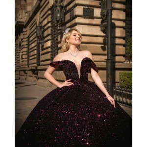 Off Shoulder Purple Quince Dresses Metallic Sequin V Neck 15 Dress