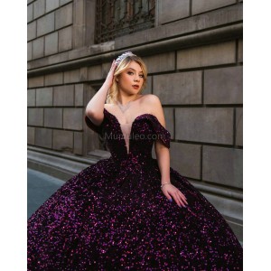 Off Shoulder Purple Quince Dresses Metallic Sequin V Neck 15 Dress