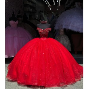 Off Shoulder Red Quince Dress Crystal Sweetheart Neck Sweet 15 Gowns