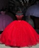 Off Shoulder Red Quince Dress Crystal Sweetheart Neck Sweet 15 Gowns