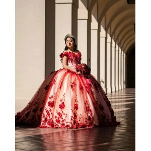 Off Shoulder Red Quinceanera Dresses Sweetheart Neck 15 Dress With 3D Flower