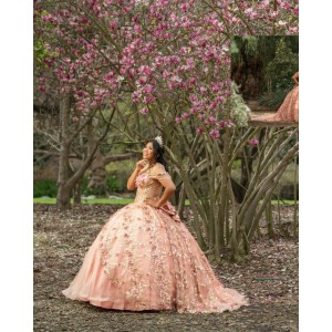 Off Shoulder Rose Gold Quinceanera Dresses Sweetheart Neck 15 Dress With 3D Flower