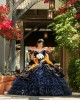 Off Shoulder Ruffled Navy Blue Quinceanera Dresses Lace Appliques V Neck 15 Dress