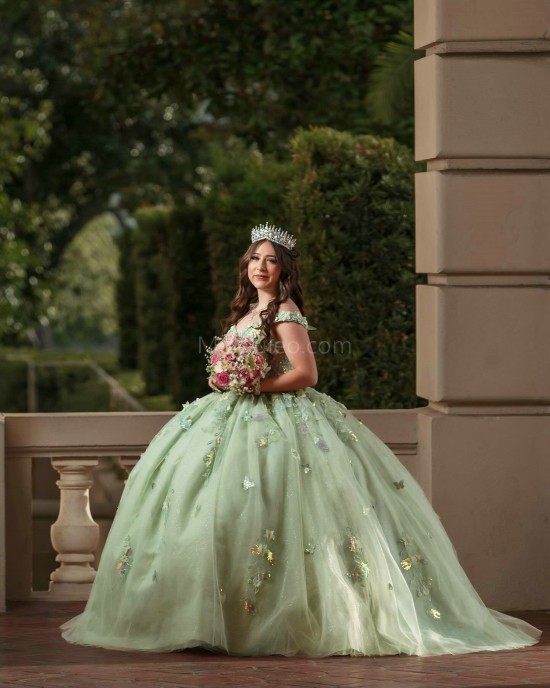 Off Shoulder Sage Green Quinceanera Dresses Sequin Sweetheart Neck 15 Dress With 3D Flowers