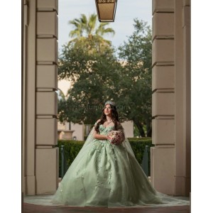 Off Shoulder Sage Green Quinceanera Dresses Sequin Sweetheart Neck 15 Dress With 3D Flowers