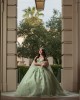 Off Shoulder Sage Green Quinceanera Dresses Sequin Sweetheart Neck 15 Dress With 3D Flowers