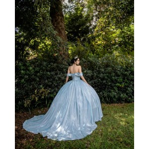 Off Shoulder Sky Blue Quince Dresses V Neck 15 Dress