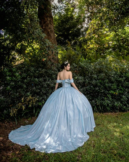 Off Shoulder Sky Blue Quince Dresses V Neck 15 Dress