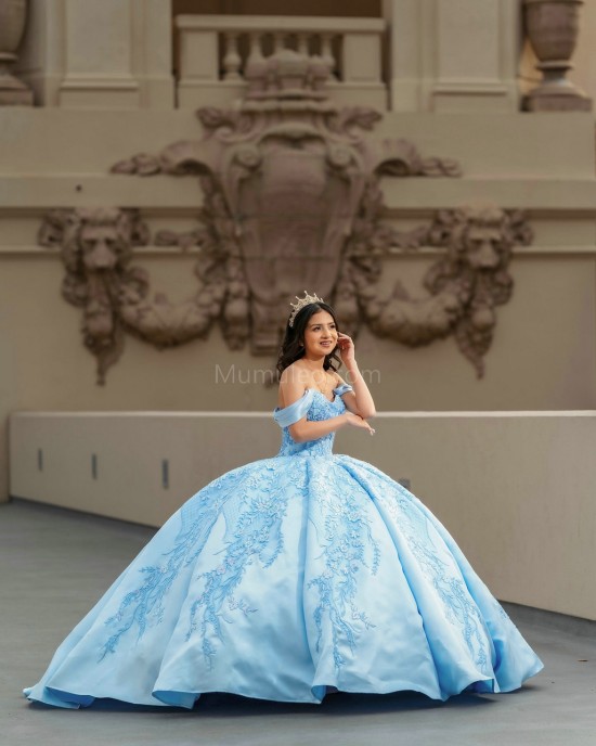 Off Shoulder Sky Blue Quinceanera Dresses Lace Appliques Sweetheart Neck 15 Dress