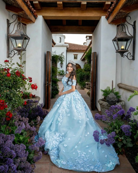 Off Shoulder Sky Blue Quinceanera Dresses Lace Appliques Sweetheart Neck 15 Dress With 3D Flowers