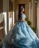 Off Shoulder Sky Blue Quinceanera Dresses Lace Appliques Sweetheart Neck 15 Dress With 3D Flowers