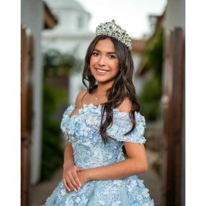 Off Shoulder Sky Blue Quinceanera Dresses Lace Appliques Sweetheart Neck 15 Dress With 3D Flowers