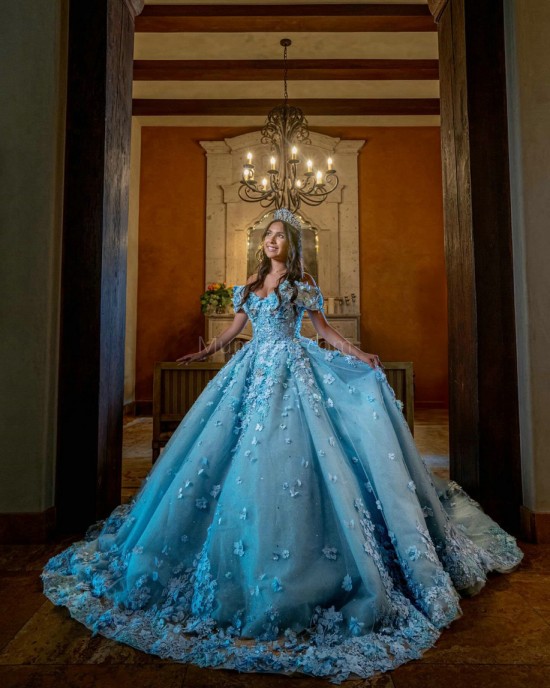 Off Shoulder Sky Blue Quinceanera Dresses Lace Appliques Sweetheart Neck 15 Dress With 3D Flowers