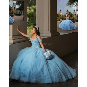 Off Shoulder Sky Blue Quinceanera Dresses Lace Appliques V Neck 15 Dress