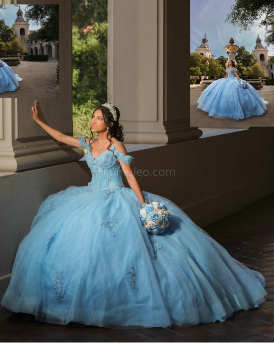 Off Shoulder Sky Blue Quinceanera Dresses Lace Appliques V Neck 15 Dress