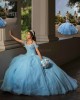 Off Shoulder Sky Blue Quinceanera Dresses Lace Appliques V Neck 15 Dress