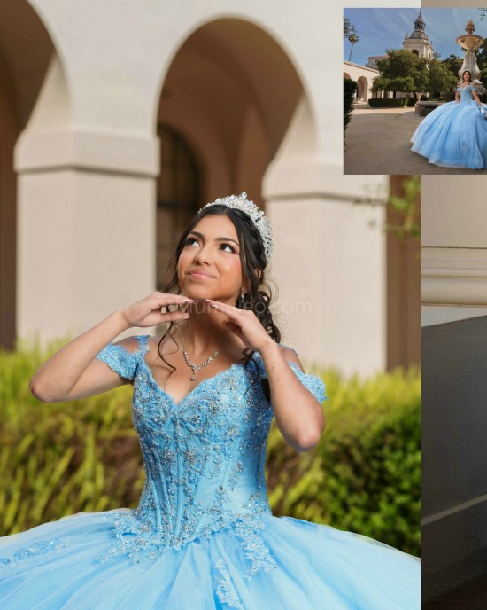 Off Shoulder Sky Blue Quinceanera Dresses Lace Appliques V Neck 15 Dress