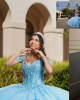 Off Shoulder Sky Blue Quinceanera Dresses Lace Appliques V Neck 15 Dress