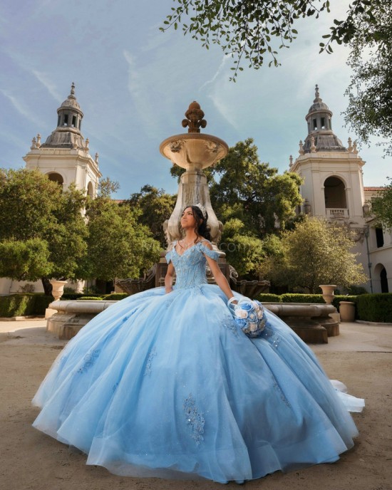 Off Shoulder Sky Blue Quinceanera Dresses Lace Appliques V Neck 15 Dress