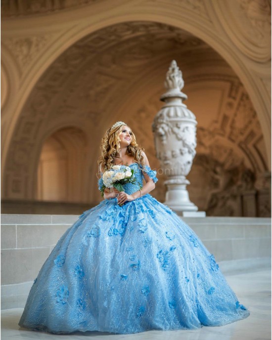 Off Shoulder Sky Blue Quinceanera Dresses Pearl Sweetheart Neck 15 Dress With 3D Flowers