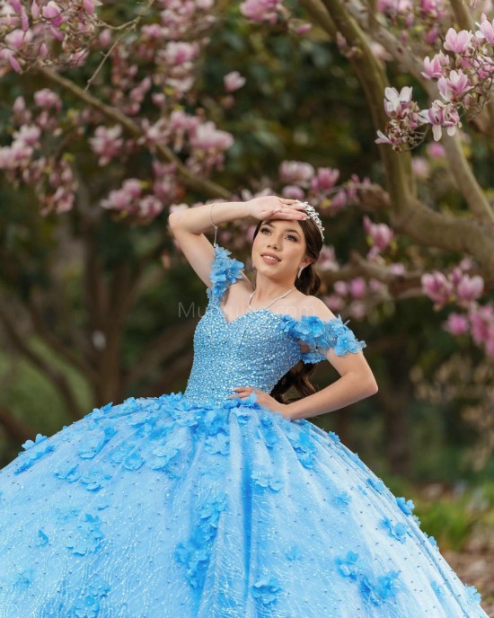 Off Shoulder Sky Blue Quinceanera Dresses Sequin Sweetheart Neck 15 Dress With 3D Flowers