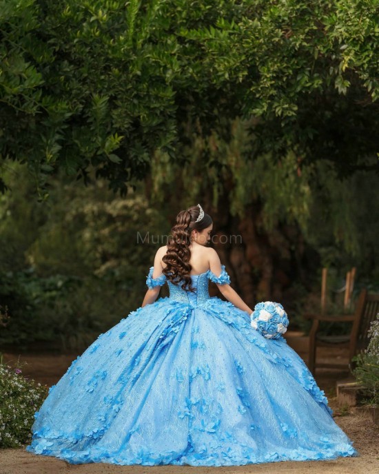 Off Shoulder Sky Blue Quinceanera Dresses Sequin Sweetheart Neck 15 Dress With 3D Flowers