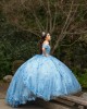 Off Shoulder Sky Blue Quinceanera Dresses Sequin Sweetheart Neck 15 Dress With 3D Flowers